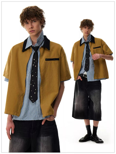 Contrast Collar Boxy Zipped Shirt Korean Street Fashion Shirt By Mr Nearly Shop Online at OH Vault