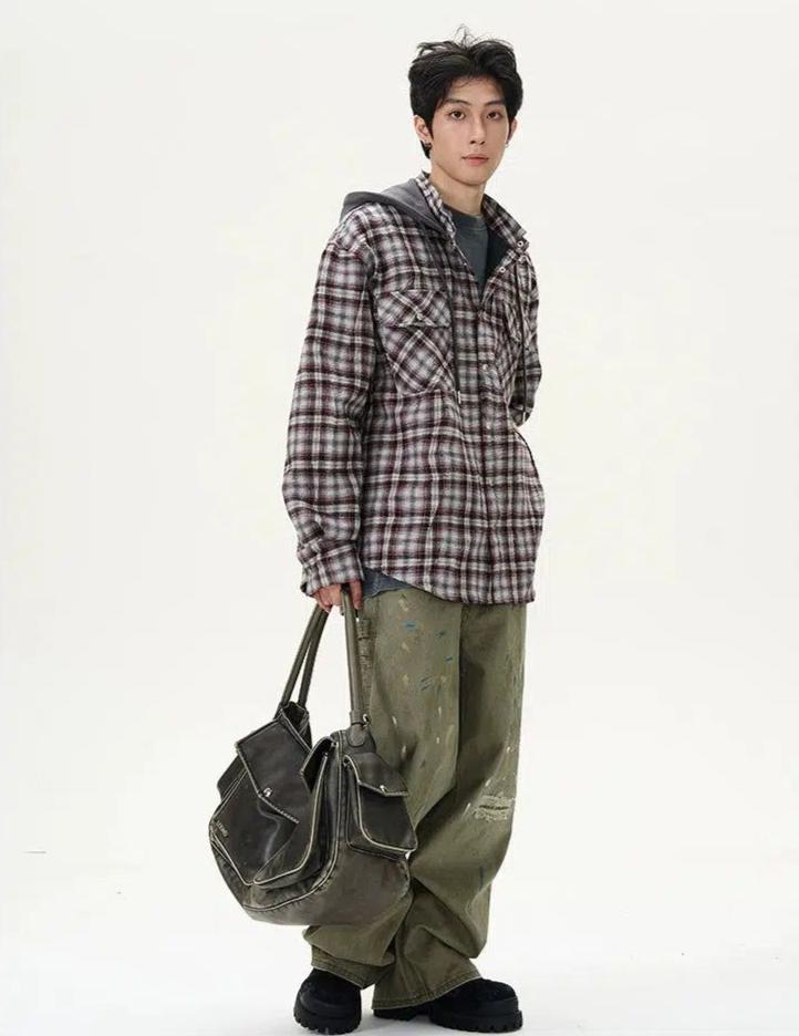 Plaid Drawstring Hooded Outer Shirt Korean Street Fashion Shirt By 77Flight Shop Online at OH Vault