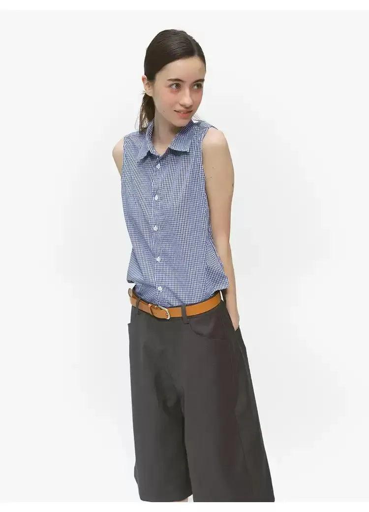 Sleeveless Plaid Buttoned Shirt Korean Street Fashion Shirt By Country Moment Shop Online at OH Vault