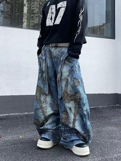 Stitched Stain Baggy Fit Jeans Korean Street Fashion Jeans By Dark Fog Shop Online at OH Vault