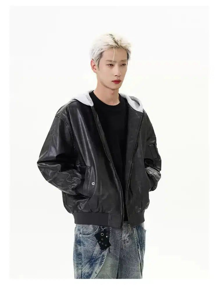 Clean Fit Contrast Hooded PU Leather Jacket Korean Street Fashion Jacket By A PUEE Shop Online at OH Vault