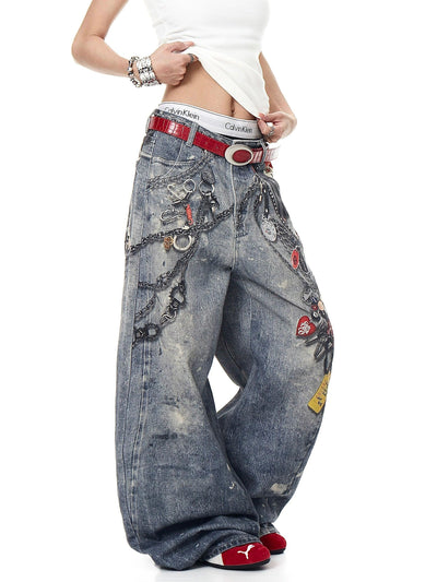 Graphic Print Wide Jeans Korean Street Fashion Jeans By Blacklists Shop Online at OH Vault