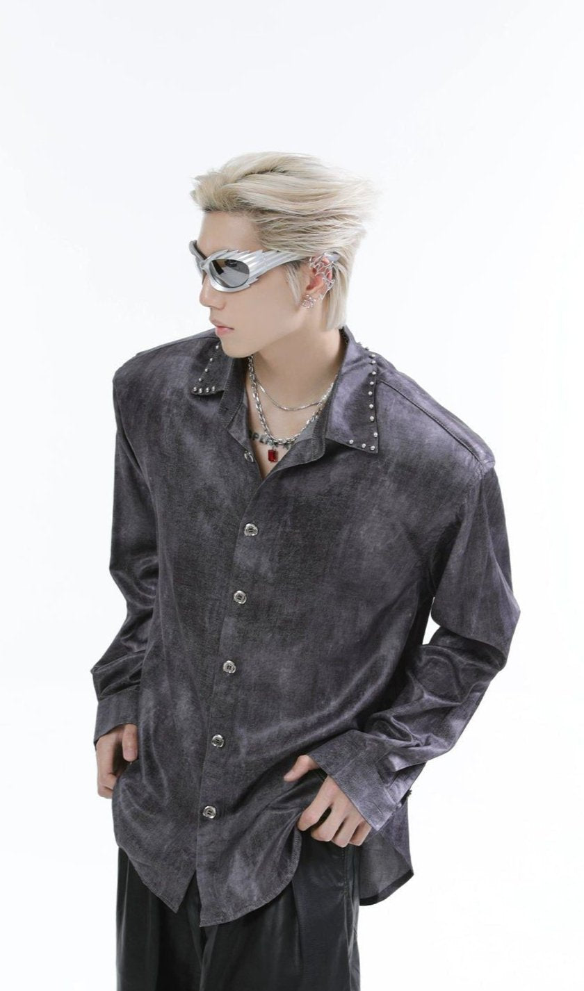 Rivet Collar Shiny Buttoned Shirt Korean Street Fashion Shirt By Turn Tide Shop Online at OH Vault