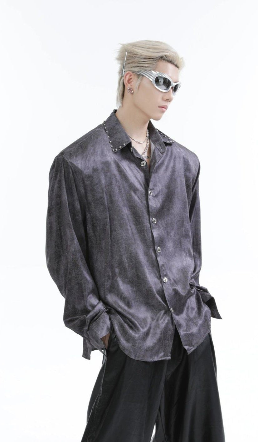 Rivet Collar Shiny Buttoned Shirt Korean Street Fashion Shirt By Turn Tide Shop Online at OH Vault