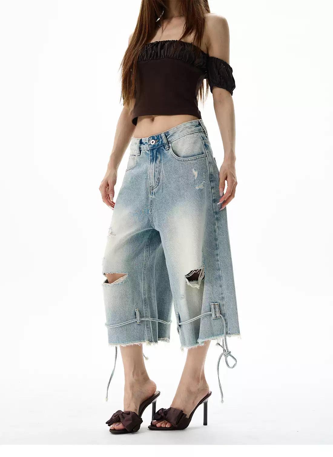 Raw End String Detail Denim Shorts Korean Street Fashion Shorts By 77Flight Shop Online at OH Vault
