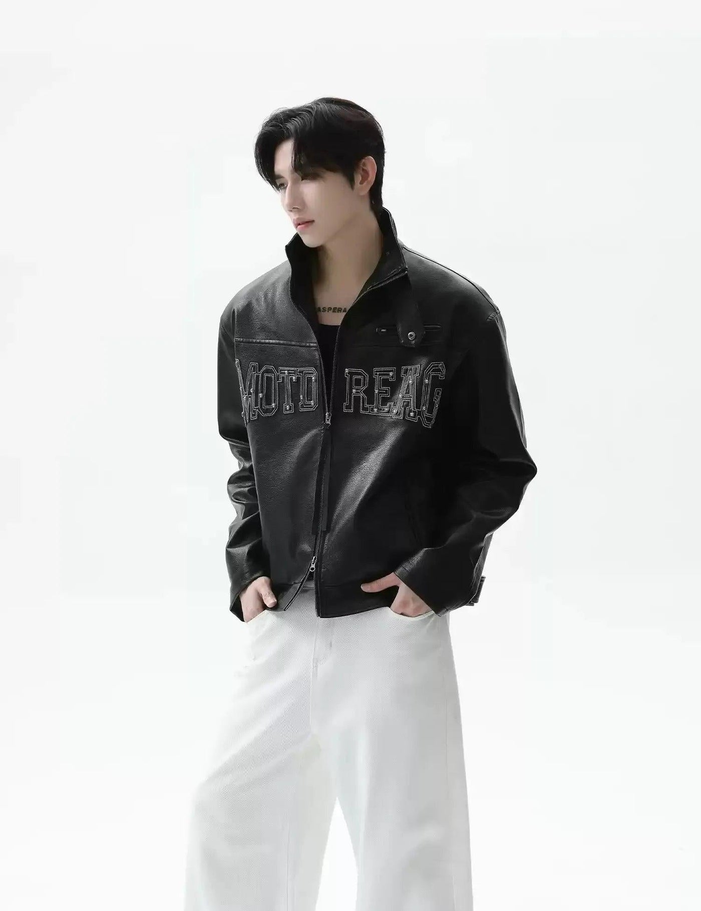 Logo Stitched PU Leather Jacket Korean Street Fashion Jacket By Turn Tide Shop Online at OH Vault