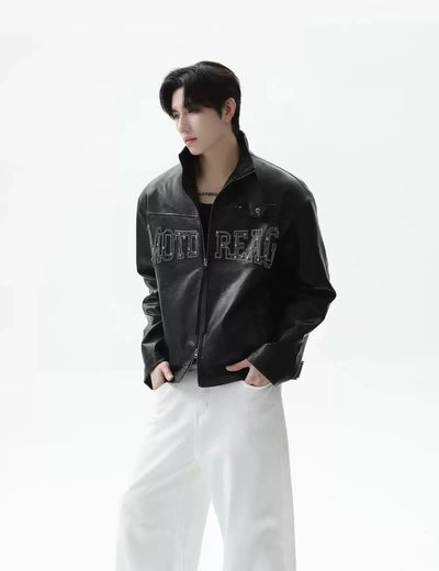 Logo Stitched PU Leather Jacket Korean Street Fashion Jacket By Turn Tide Shop Online at OH Vault