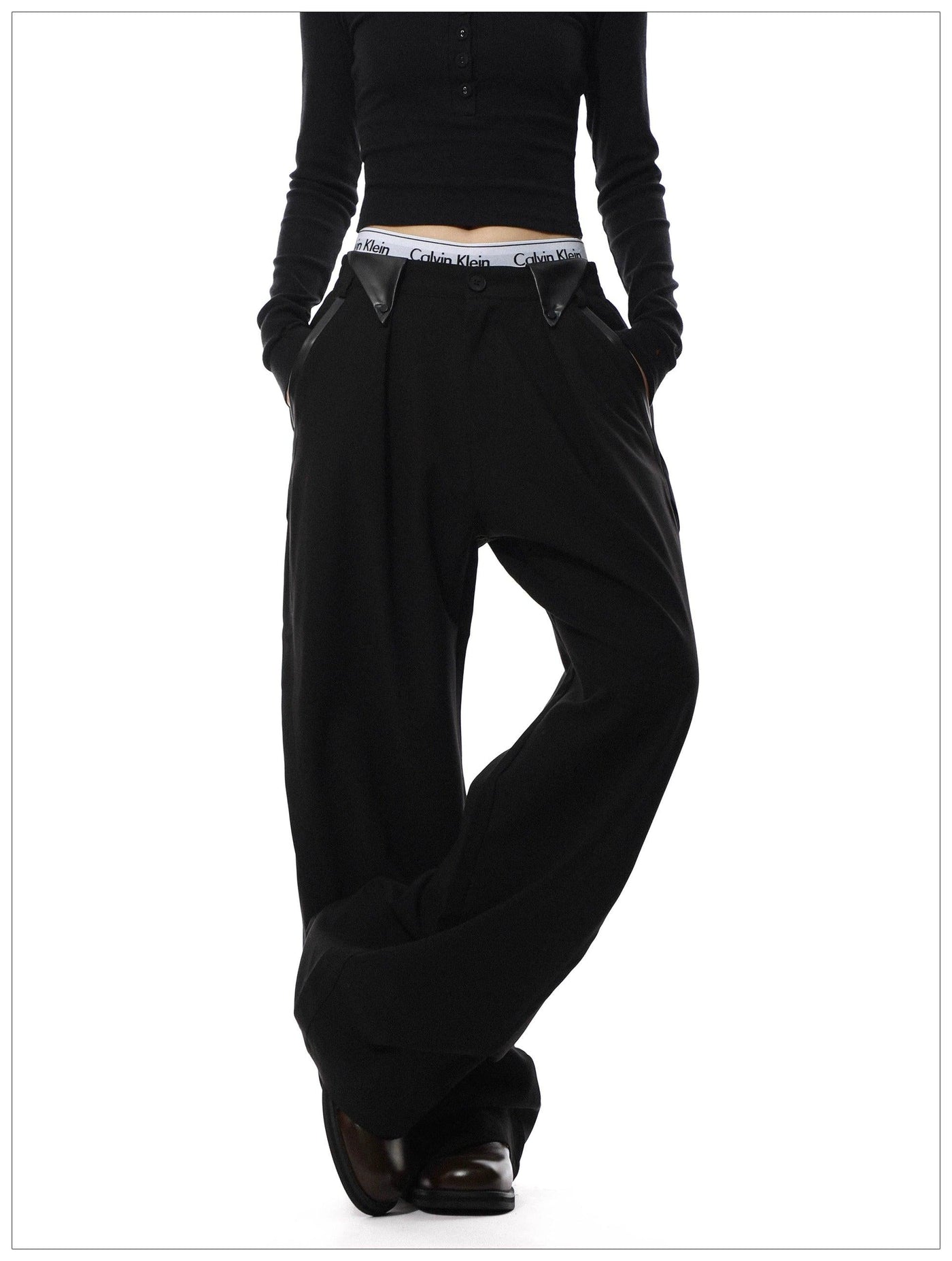 PU Leather Detail Straight Pants Korean Street Fashion Pants By Mr Nearly Shop Online at OH Vault