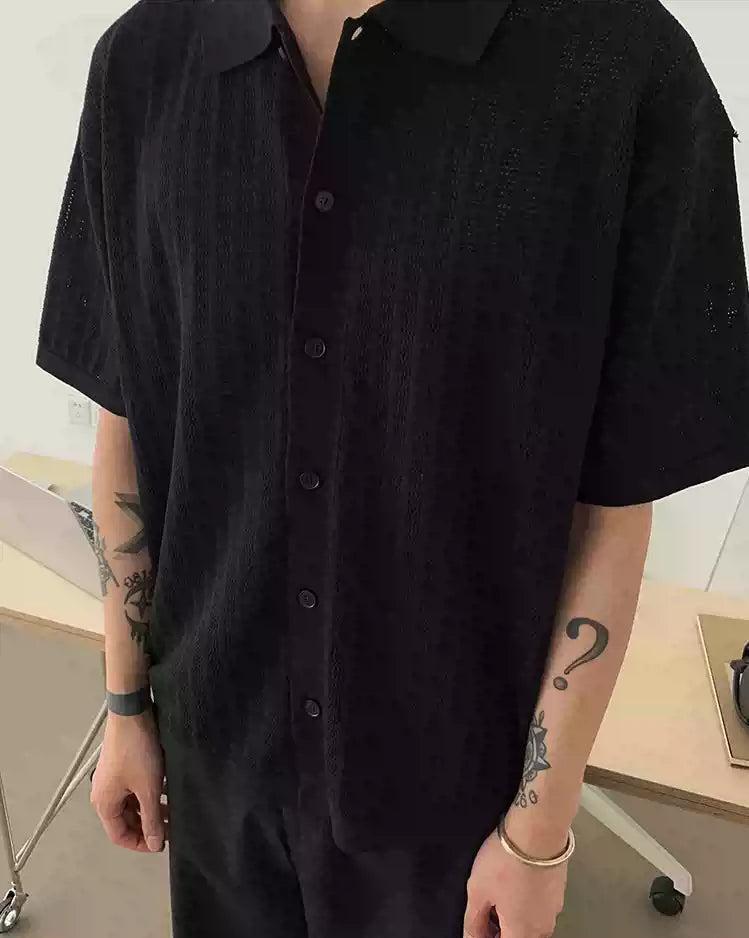 Stripe Hollow Textured Knit Short Sleeve Shirt Korean Street Fashion Shirt By In Knots Shop Online at OH Vault