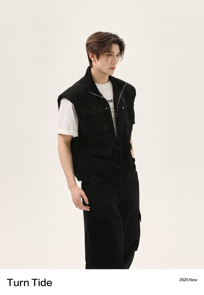Washed Pocket Detail Denim Vest & Loose Fit Cargo Pants Set Korean Street Fashion Clothing Set By Turn Tide Shop Online at OH Vault