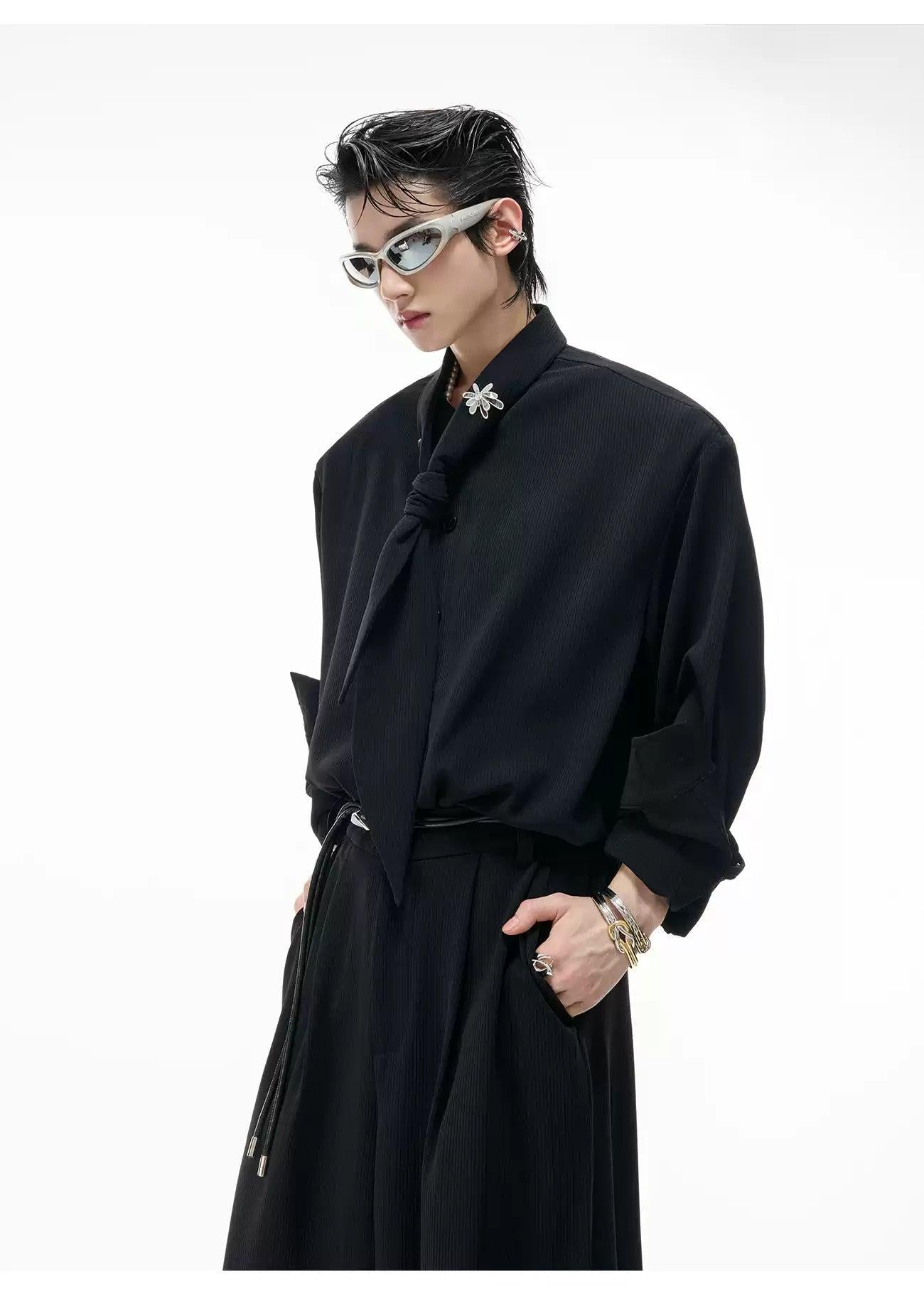 Textured Scarf Detail Shirt & Wide Pants Set Korean Street Fashion Clothing Set By Argue Culture Shop Online at OH Vault