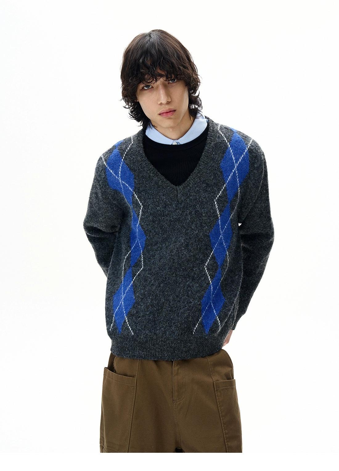 Argyle-Patterned V-Neck Sweater Korean Street Fashion Sweater By 77Flight Shop Online at OH Vault