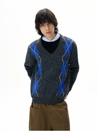 Argyle-Patterned V-Neck Sweater Korean Street Fashion Sweater By 77Flight Shop Online at OH Vault