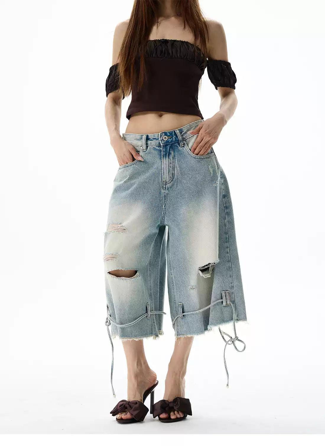 Raw End String Detail Denim Shorts Korean Street Fashion Shorts By 77Flight Shop Online at OH Vault