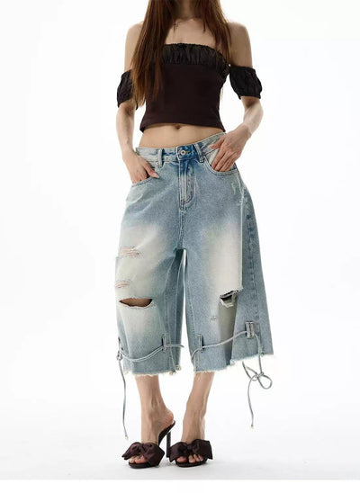 Raw End String Detail Denim Shorts Korean Street Fashion Shorts By 77Flight Shop Online at OH Vault