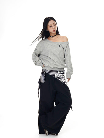 Cross Print Off Shoulder T-Shirt Korean Street Fashion T-Shirt By Blacklists Shop Online at OH Vault