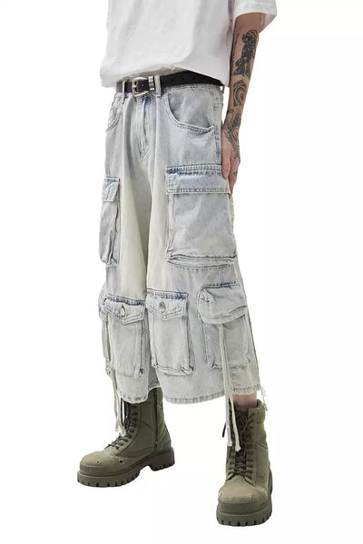 Faded Multi-Pockets Denim Shorts Korean Street Fashion Shorts By Ash Dark Shop Online at OH Vault
