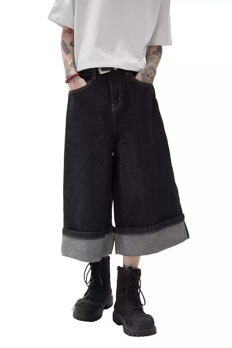 Wide Folded Ends Denim Shorts Korean Street Fashion Shorts By Ash Dark Shop Online at OH Vault