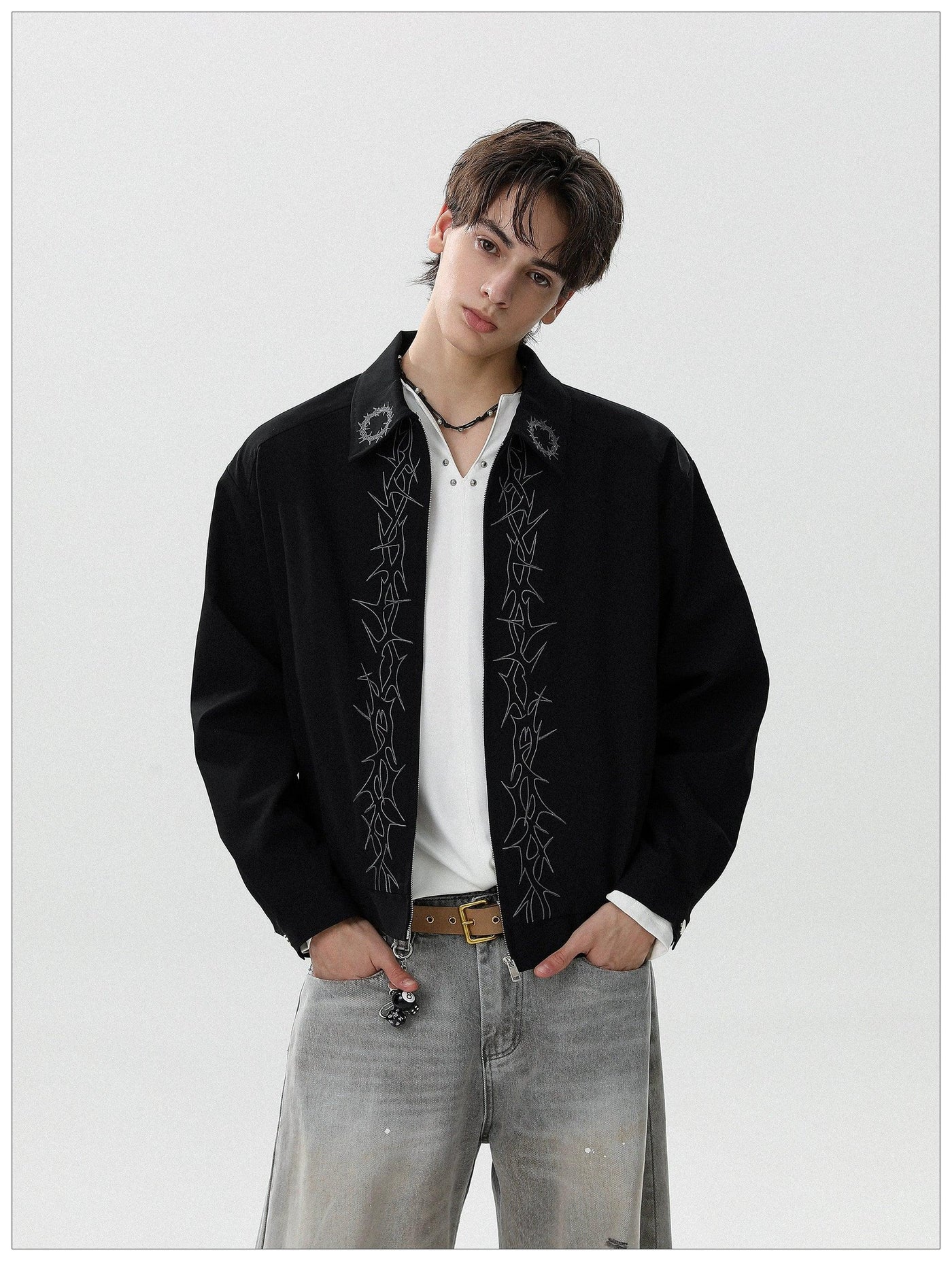 Embroidered Contrast Full-Zip Jacket Korean Street Fashion Jacket By Mr Nearly Shop Online at OH Vault