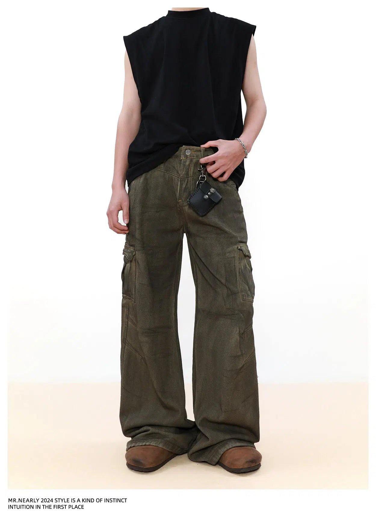 Charcoal Washed Wide Cargo Jeans Korean Street Fashion Jeans By Mr Nearly Shop Online at OH Vault