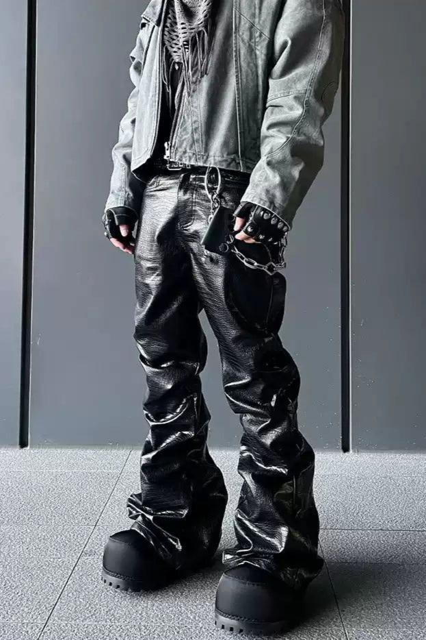 Textured Flare PU Leather Pants Korean Street Fashion Pants By Dark Fog Shop Online at OH Vault