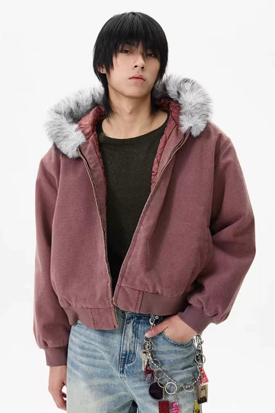 Fur Trimmed Hood Denim Jacket Korean Street Fashion Jacket By 77Flight Shop Online at OH Vault