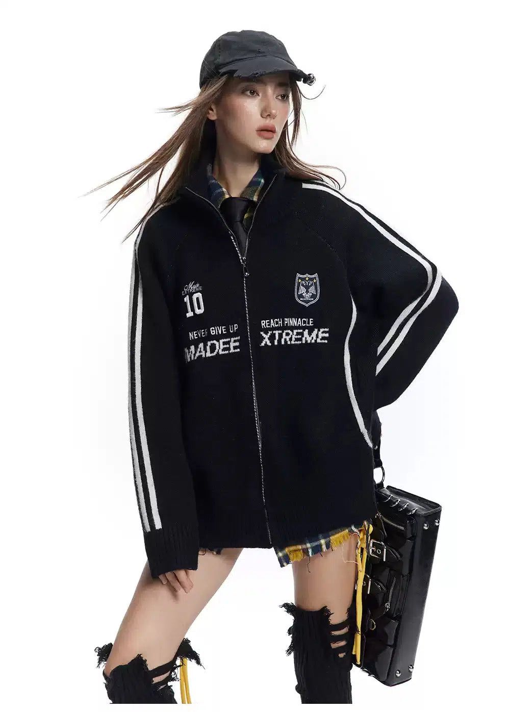 Three-Bar Embroidered Zip-Up Knit Jacket Korean Street Fashion Jacket By Made Extreme Shop Online at OH Vault