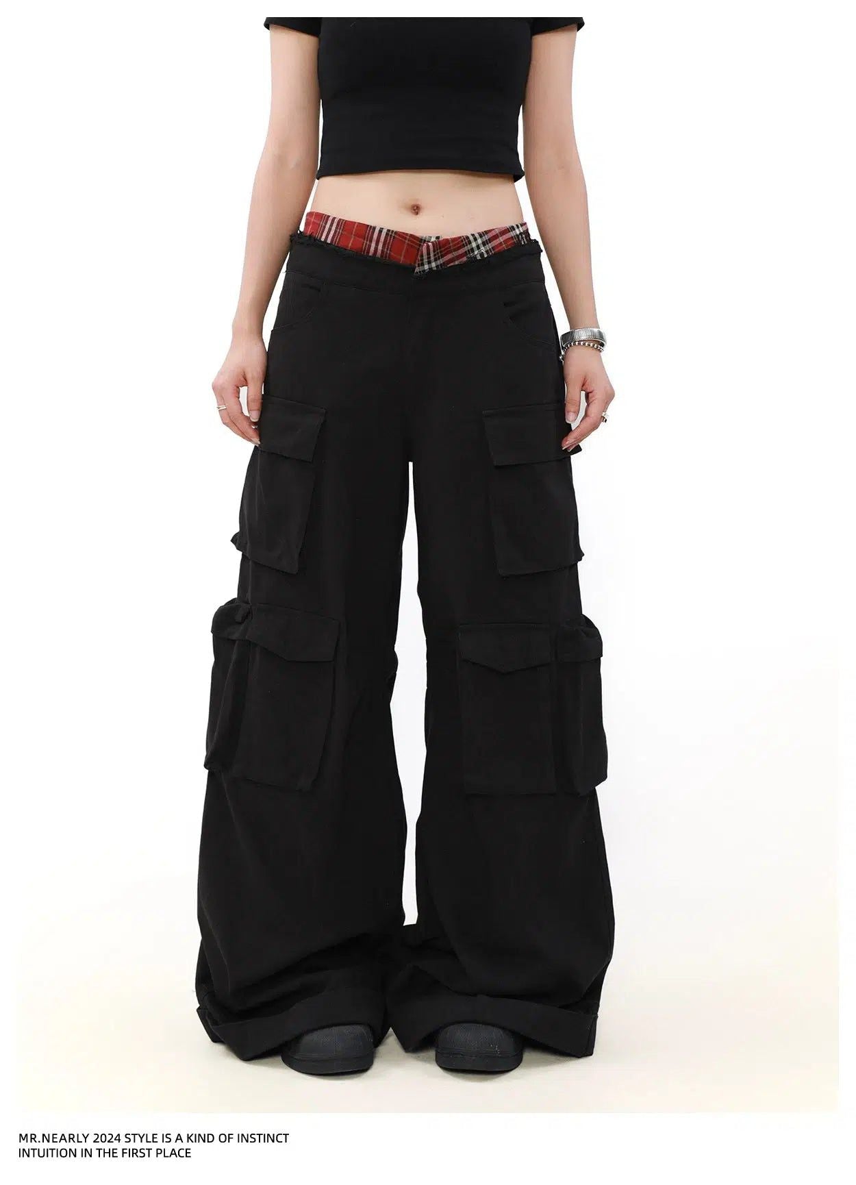 Plaid Double-Waist Cargo Pants Korean Street Fashion Pants By Mr Nearly Shop Online at OH Vault