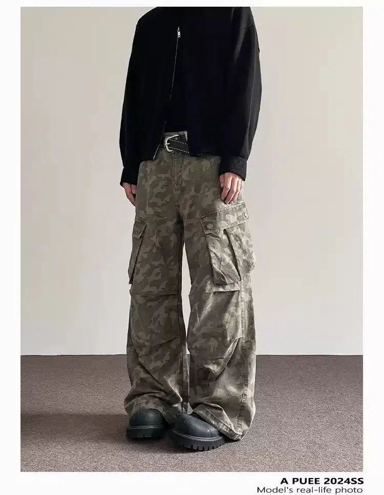 Pleated Flared Camo Cargo Pants Korean Street Fashion Pants By A PUEE Shop Online at OH Vault