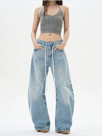 Light Washed Drawstring Waist Jeans Korean Street Fashion Jeans By 77Flight Shop Online at OH Vault