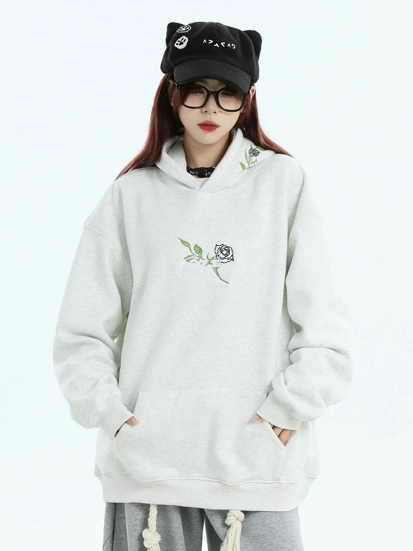 Logo & Rose Embroidery Hoodie Korean Street Fashion Hoodie By INS Korea Shop Online at OH Vault