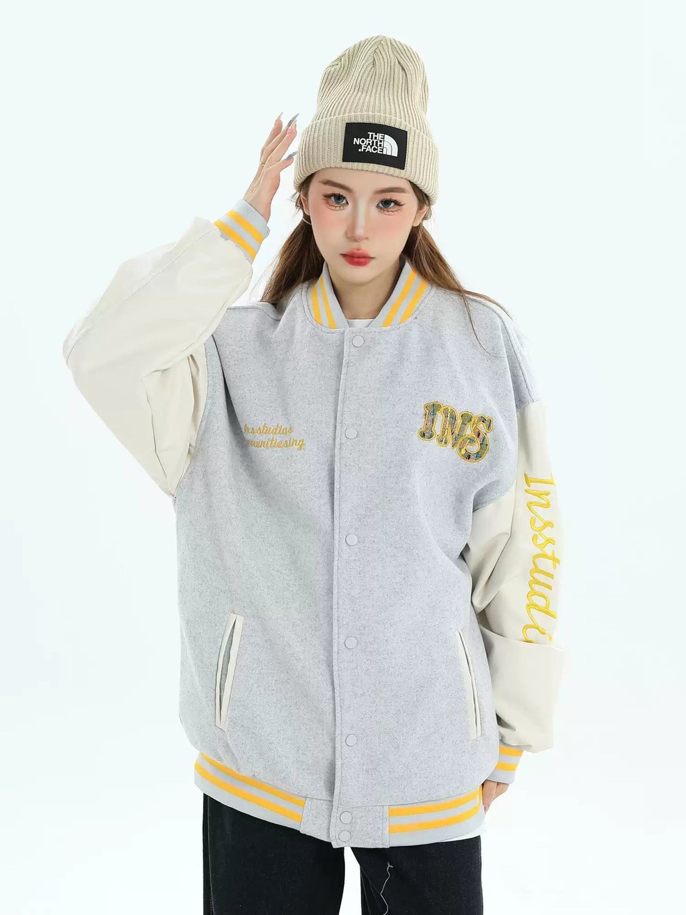 Varsity Style PU Leather Jacket Korean Street Fashion Jacket By INS Korea Shop Online at OH Vault