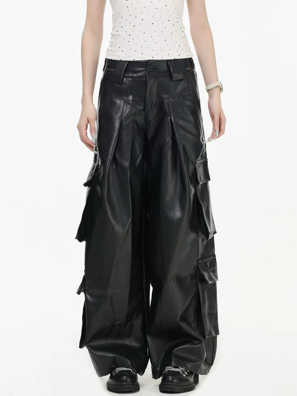 Multi Flap Pocket Faux Leather Pants Korean Street Fashion Pants By INS Korea Shop Online at OH Vault