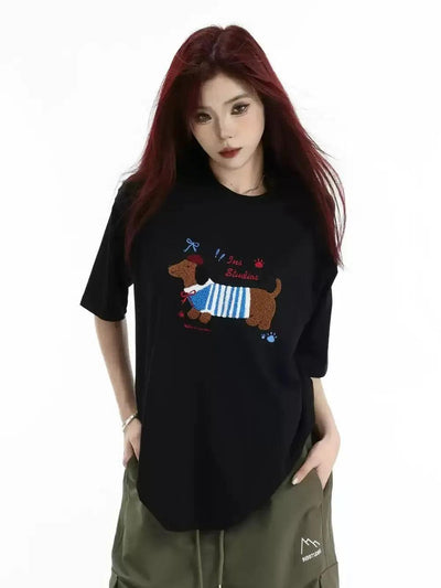 Dachshund Towel Embroidery T-Shirt Korean Street Fashion T-Shirt By INS Korea Shop Online at OH Vault