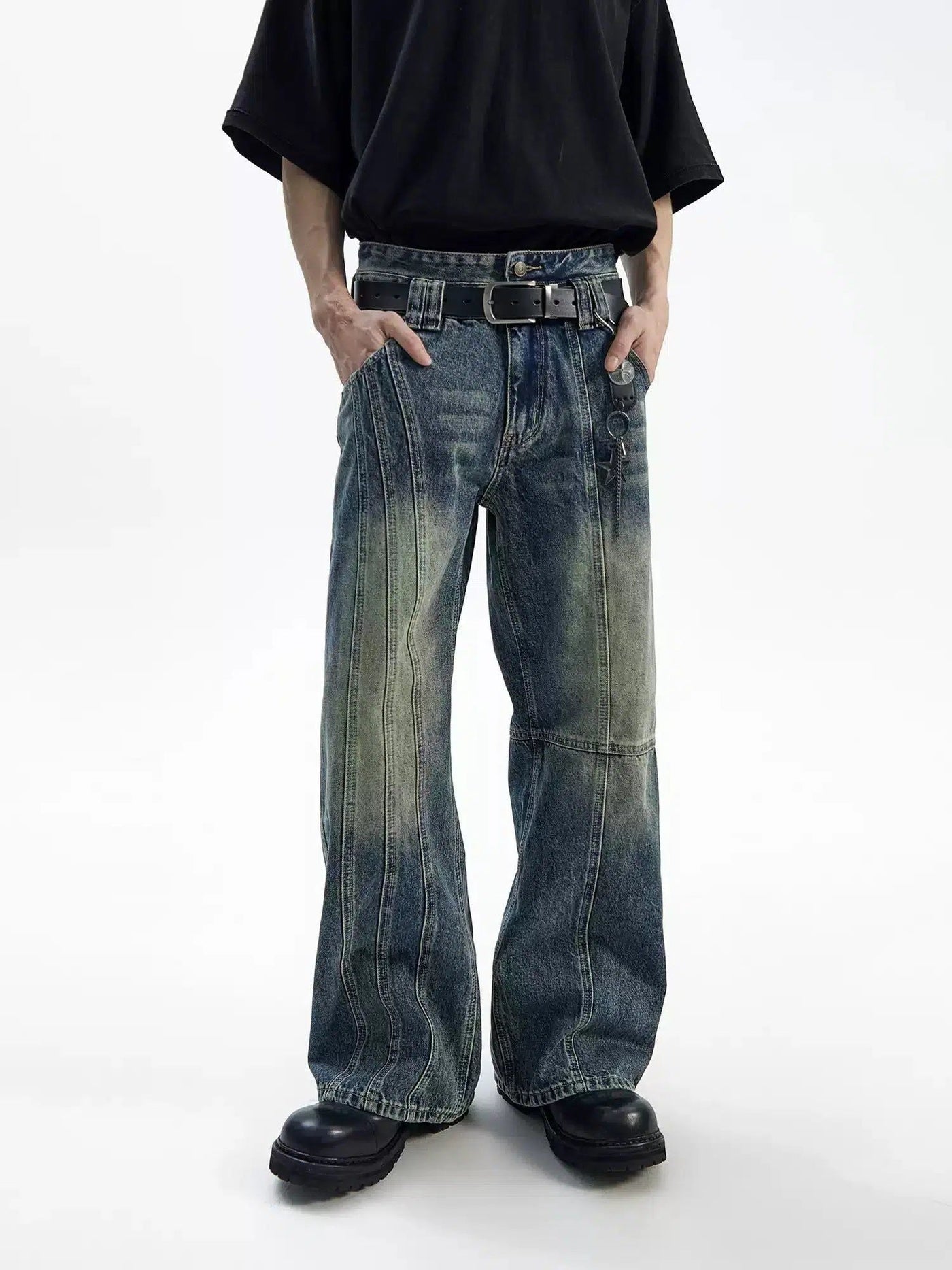 Irregular Stitched Double-Waist Flared Jeans Korean Street Fashion Jeans By Ash Dark Shop Online at OH Vault