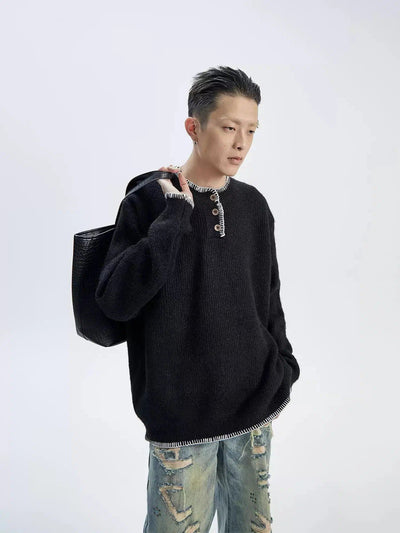 Hand-Stitched Henry Collar Sweater Korean Street Fashion Sweater By Ash Dark Shop Online at OH Vault