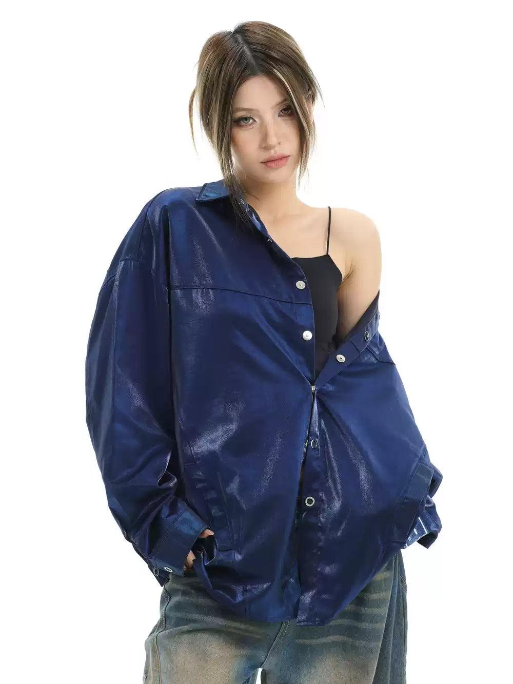 Solid Color Shine Buttoned Shirt Korean Street Fashion Shirt By INS Korea Shop Online at OH Vault
