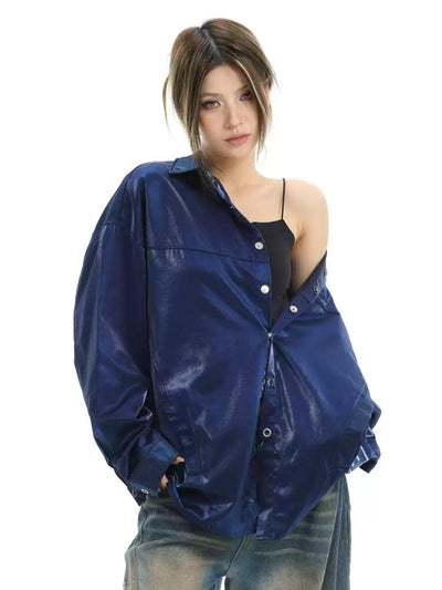 Solid Color Shine Buttoned Shirt Korean Street Fashion Shirt By INS Korea Shop Online at OH Vault