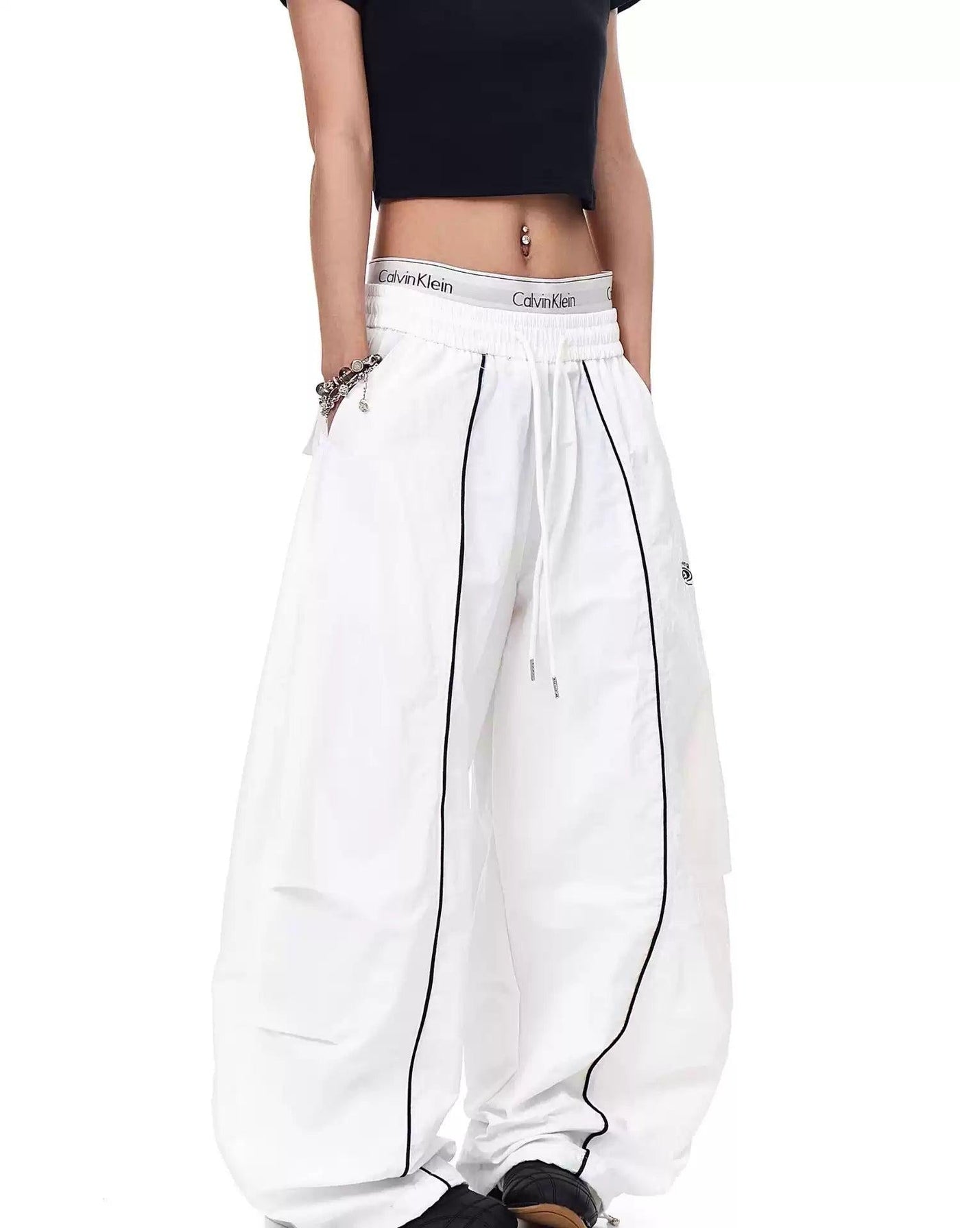 Gartered Contrast Line Track Pants Korean Street Fashion Pants By Blacklists Shop Online at OH Vault