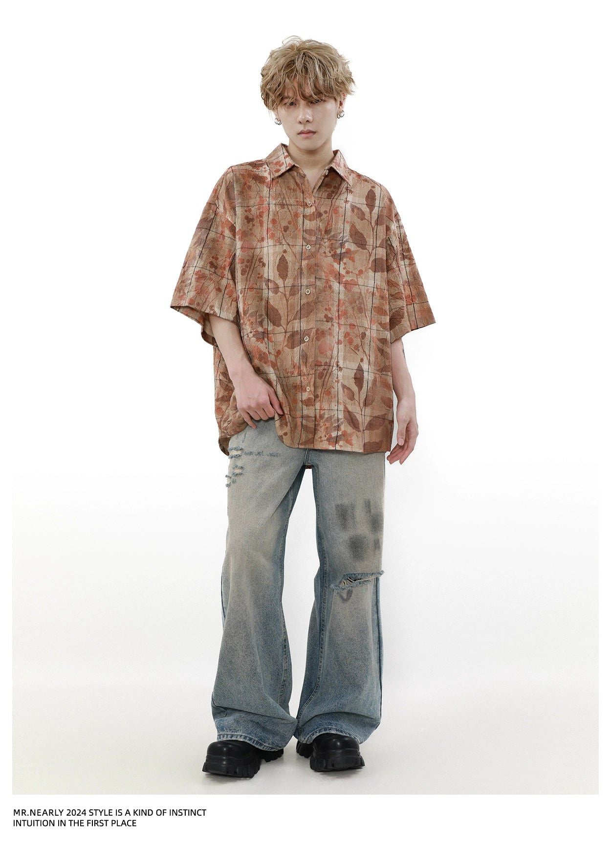 Pleated Leaf Pattern Shirt Korean Street Fashion Shirt By Mr Nearly Shop Online at OH Vault