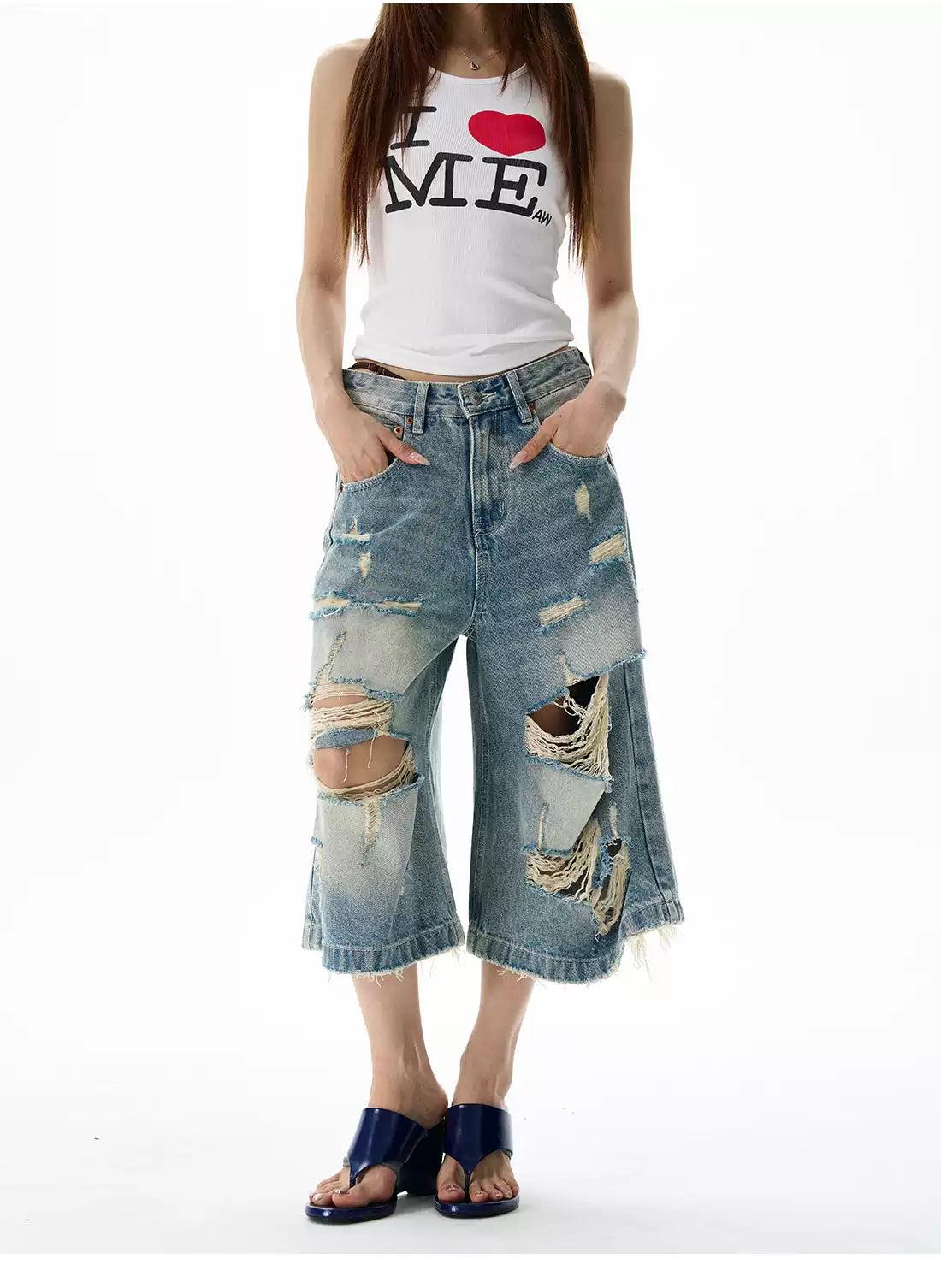 Extra Distressed Denim Shorts Korean Street Fashion Shorts By 77Flight Shop Online at OH Vault