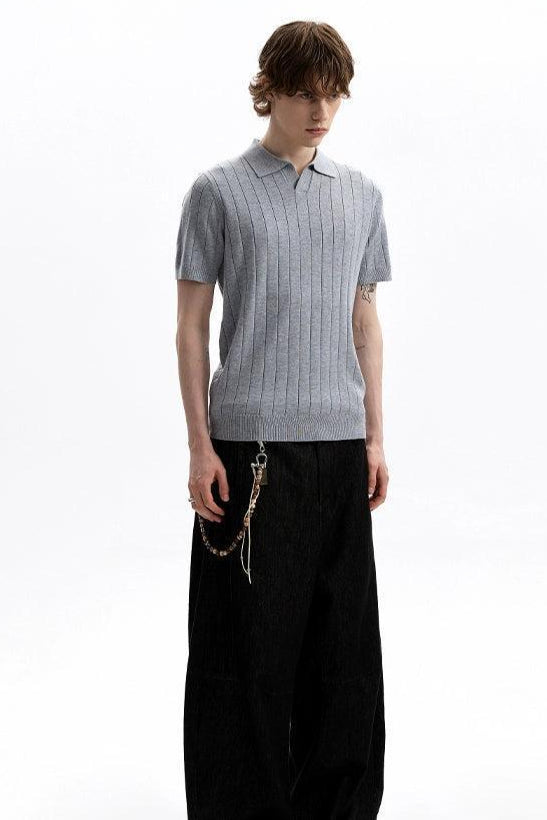 Textured V-Neck Knit Polo Korean Street Fashion Polo By A PUEE Shop Online at OH Vault