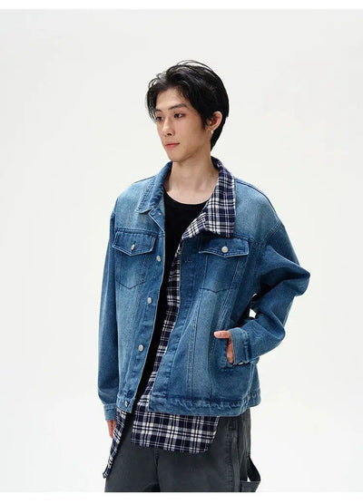 Stitched Plaid Denim Jacket Korean Street Fashion Jacket By 77Flight Shop Online at OH Vault