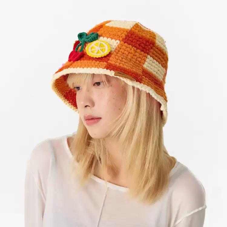 Fruits and Plaid Knit Bucket Hat Korean Street Fashion Hat By Crying Center Shop Online at OH Vault