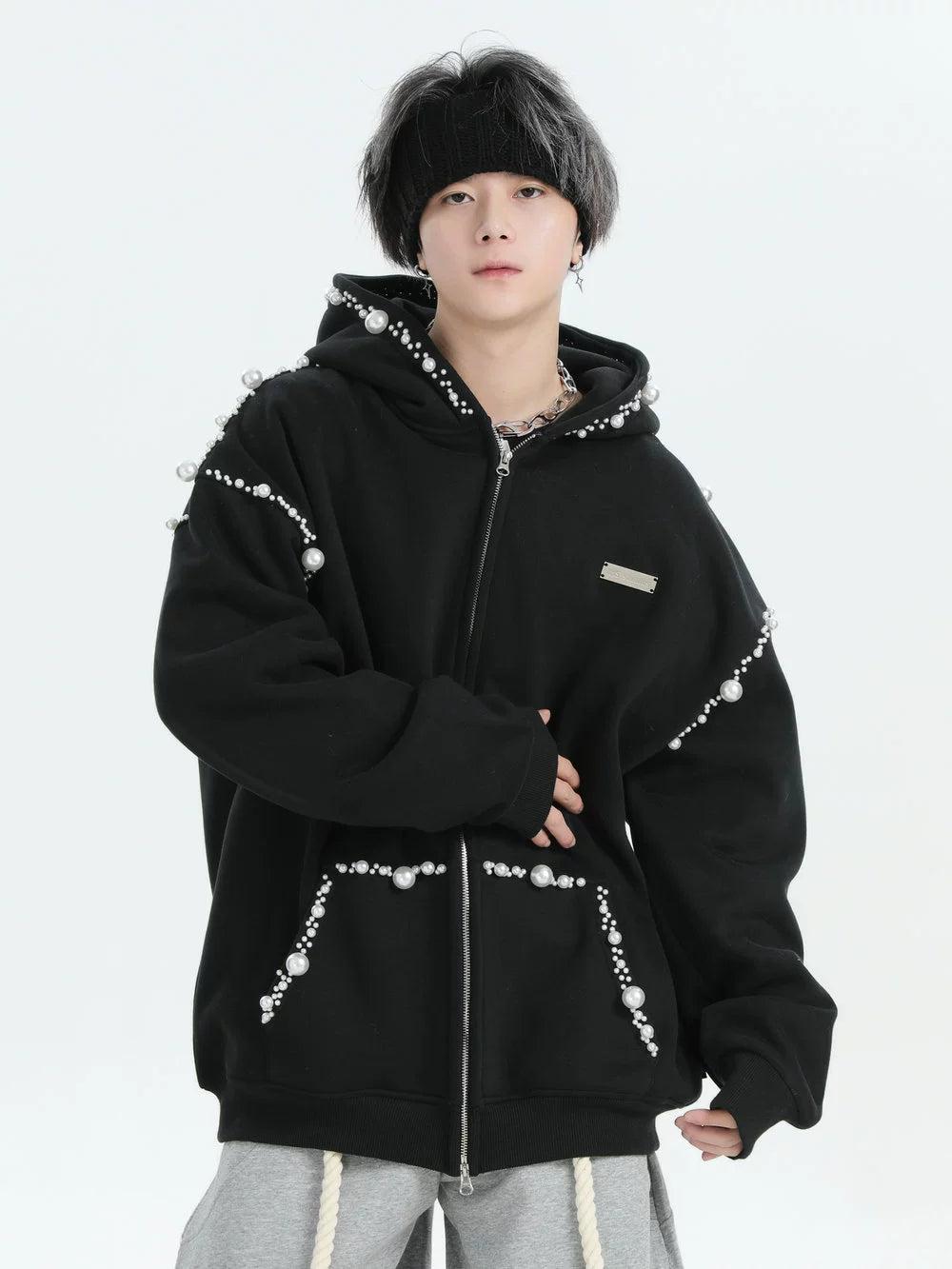 Irregular Pearl Detail Zip-Up Hoodie Korean Street Fashion Hoodie By INS Korea Shop Online at OH Vault