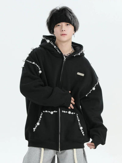 Irregular Pearl Detail Zip-Up Hoodie Korean Street Fashion Hoodie By INS Korea Shop Online at OH Vault
