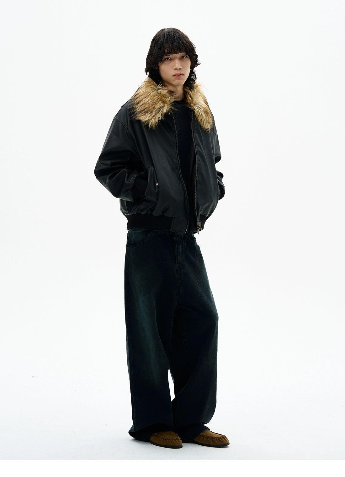 Fur-Trim PU Leather Jacket Korean Street Fashion Jacket By 77Flight Shop Online at OH Vault