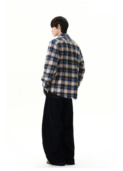 Large Plaid Raw Edge Shirt Korean Street Fashion Shirt By A PUEE Shop Online at OH Vault