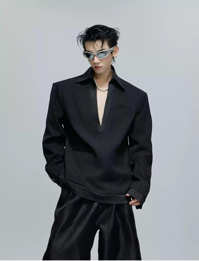 Spliced Low V-Neck Striped Blazer Korean Street Fashion Blazer By Argue Culture Shop Online at OH Vault