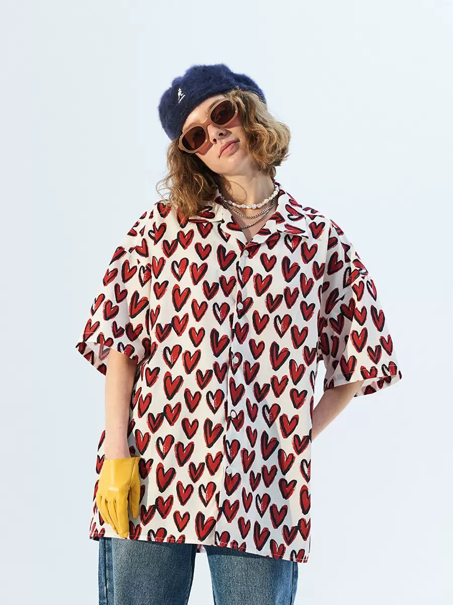 Hearts Pattern Print Shirt Korean Street Fashion Shirt By Moditec Shop Online at OH Vault